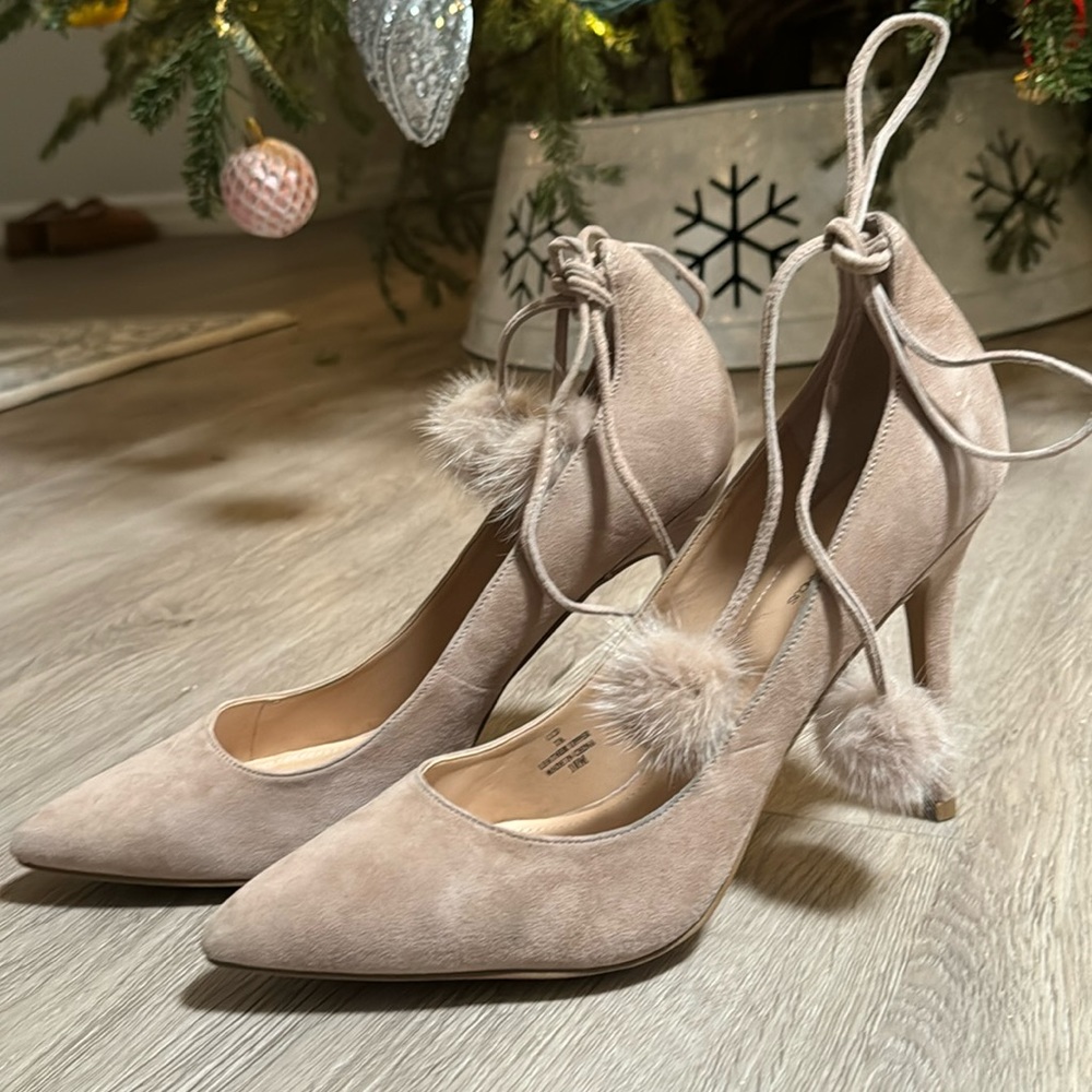 Nieman Marcus Suede Pom Pom Heels - Sz 10